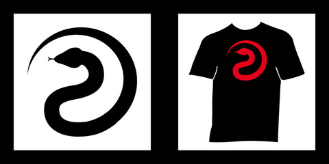 2025 - nouvel an chinois - serpent noir en forme de rond, inspiré du symbole yin yang, ou rouge pour une impression sur un T-shirt noir.