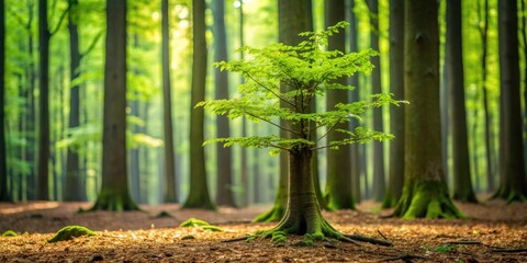 Wall Mural - A young beech tree growing in a lush forest setting