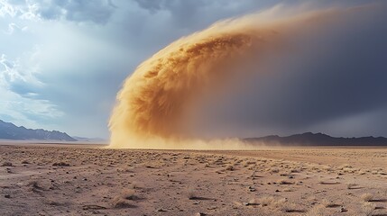 Desert dust storm over mountains, showcasing the harsh and unforgiving beauty of the desert landscape as it is swept by powerful winds.