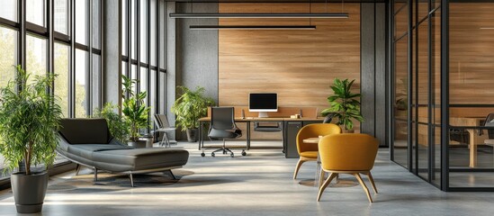 Sticker - Modern Office Interior with Large Windows, Wooden Walls, and Comfortable Seating