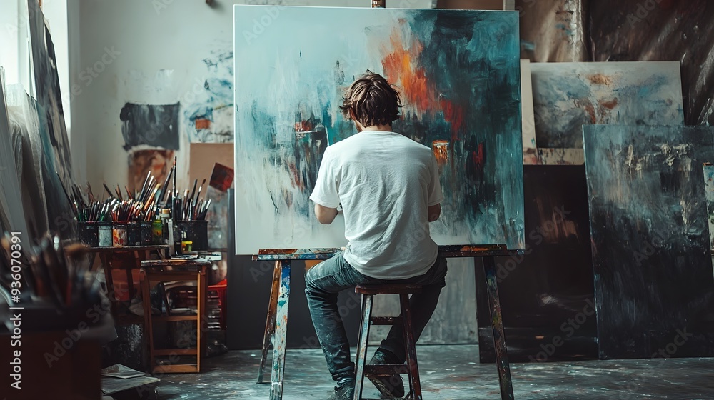 Artist Sketching in a Studio: An artist sitting on a stool in a studio ...