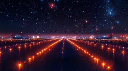 An airport runway at night with planes ready for takeoff, glowing runway lights, and a clear starry sky, capturing the energy and anticipation of night flights, with sharp details on the planes and