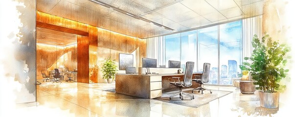 Watercolor illustration of modern office interior with large windows and stylish furniture.