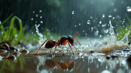 macro shot of an ant in the rain