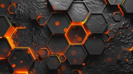 Poster - This artwork features an intricate arrangement of orange hexagons set against a deep gray backdrop, showcasing unique textures and a lively interplay of light and shadow