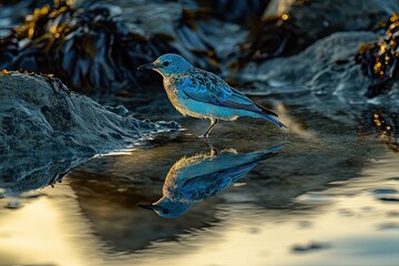 Wall Mural - At dawn a bluebird reflection is captured in tide pools 