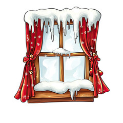 Aufkleber - A cozy winter window scene featuring snow-covered glass and festive red curtains, perfect for holiday-themed designs.
