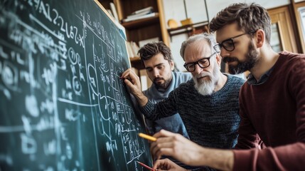 Poster - Three individuals collaborating on mathematical concepts during a brainstorming session in a cozy study
