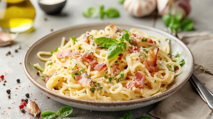 Spaghetti carbonara, a traditional Italian pasta dish