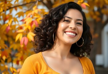 Wall Mural - Smiling Woman in Autumn Foliage