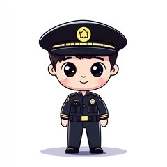 Cute cartoon character depicting a young police officer in a stylish uniform and hat, perfect for children's themes and illustrations.