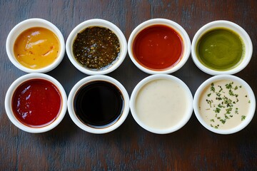 Poster - Assortment of Sauces in White Bowls on a Wooden Table