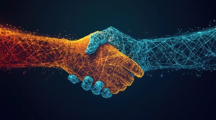Poster - Abstract digital handshake with two hands made of geometric shapes and lines, symbolizing partnership and connectivity in a futuristic business world.