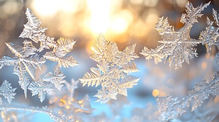 Wall Mural - Sparkling winter frost pattern on a windowpane with blurred sunbeams, creating a magical and serene visual of winter's delicate touch.