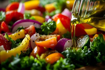 Wall Mural - a salad being tossed, with colorful vegetables and a drizzle of olive oil 