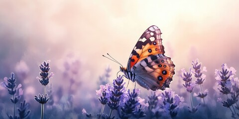 Wall Mural - Butterfly Perched on Lavender Flowers in Soft Sunlight