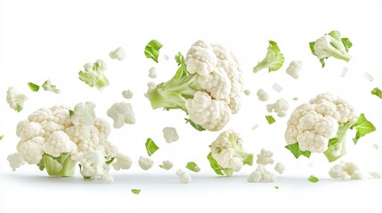 Wall Mural - Multiple fresh, white caulifower heads, florets, and green leaves falling and floating in mid-air against a pure white background.