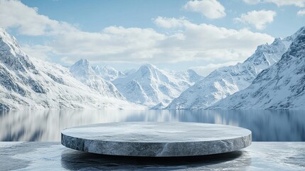 Sticker - A stone podium placed centrally with a stunning backdrop of icy mountains, capturing the essence of nature grandeur for product displays.