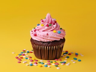 Pink frosted chocolate cupcake with sprinkles