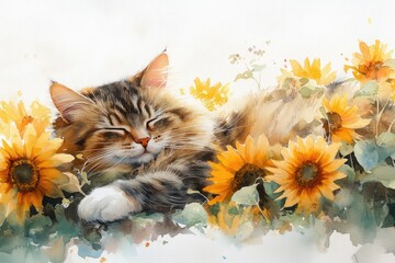 Wall Mural - A Watercolor Painting of a Sleeping Cat Amongst Sunflowers