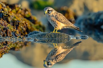 Wall Mural -  At dawn a kestrel reflection is captured in tide pools