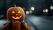 © tinnakorn - A cheerful jack-o'-lantern holds a bucket of candy in a spooky autumn setting, capturing the essence of Halloween festivities.