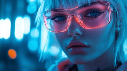 Young woman with white hair wearing neon-lit glasses in a cyberpunk style