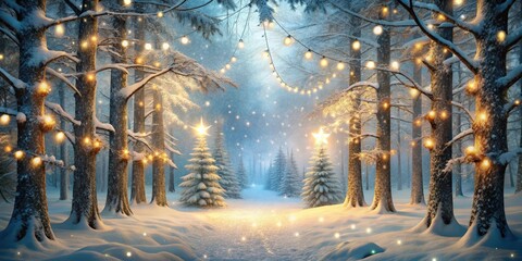 Enchanted winter forest scene with snow-covered trees and twinkling lights