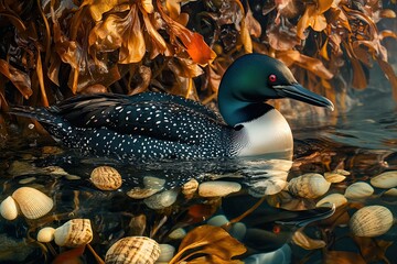 Wall Mural - At dawn a loon reflection is captured in tide pools surrounded by shells and seaweed