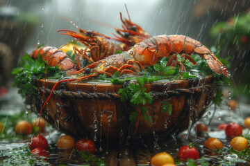 Close-up of appetizing fresh whole crayfish or shrimp with black pepper and salt on wooden table.