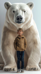 Poster - Fotoporträt eines kleinen Jungen mit einem riesigen Eisbär