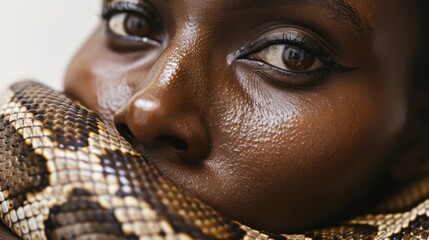Aufkleber - A captivating close-up shows a person interacting with an exotic snake, highlighting the striking contrast between the snake's intricate scales and the person's skin. An artistic display of nature!