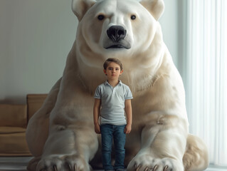 Poster - Fotoporträt eines kleinen Jungen mit einem riesigen Eisbär