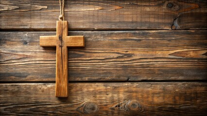 Wooden cross hanging on a weathered wood background, symbol of faith and spirituality