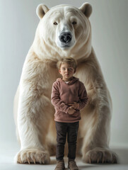 Poster - Fotoporträt eines kleinen Jungen mit einem riesigen Eisbär