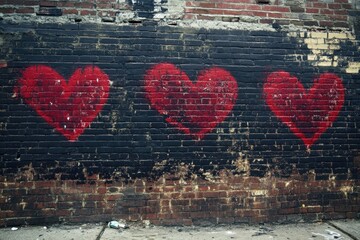 Sticker - Three Red Hearts on Brick Wall