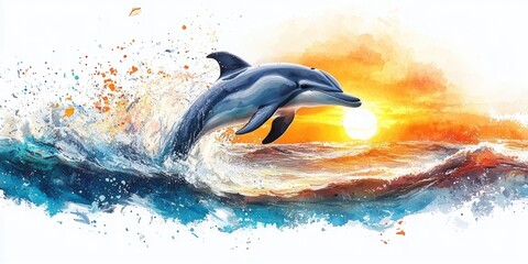 Sticker - Watercolor Painting of a Dolphin Leaping Out of the Ocean at Sunset