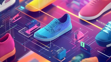 Poster - futuristic 3d rendered digital of colorful neon sneakers on geometric abstract backdrop