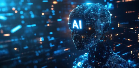 Poster - Futuristic AI robot with illuminated circuits and glowing AI letters on head in technological digital theme
