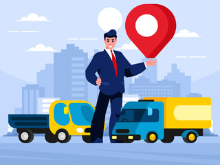 Aufkleber - cargo transportation concept. farm truck with blue cab and body. businessman with big map pointer. b