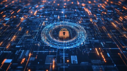 Poster - Global data protection and cybersecurity with a digital lock over a globe in cyberspace on a dark background. Stock image.