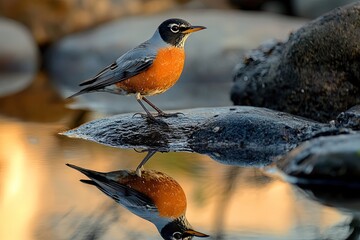 Wall Mural -  a robin reflection is captured in tide pools