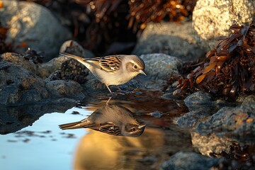 Wall Mural -  a sparrow reflection is captured in tide pools