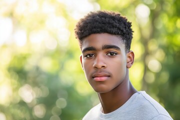 A close-up portrait of a young black man wearing a casual t-shirt, with a blurred background.