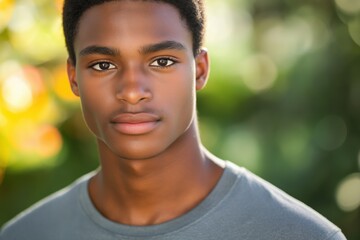 A close-up portrait of a young black man wearing a casual t-shirt, with a blurred background.