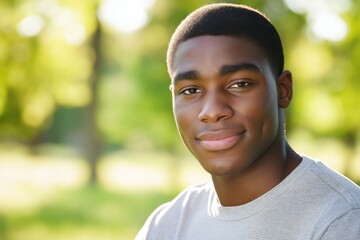 A close-up portrait of a young black man wearing a casual t-shirt, with a blurred background.