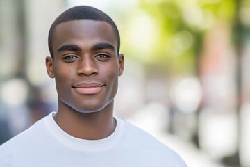 A close-up portrait of a young black man wearing a casual t-shirt, with a blurred background.