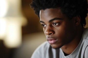 A close-up portrait of a young black man wearing a casual t-shirt, with a blurred background.