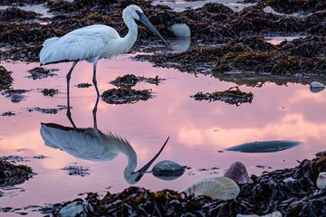 Wall Mural - a stork reflection is captured in tide pools surrounded by shells and seaweed