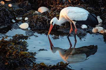 Wall Mural - a stork reflection is captured in tide pools surrounded by shells and seaweed